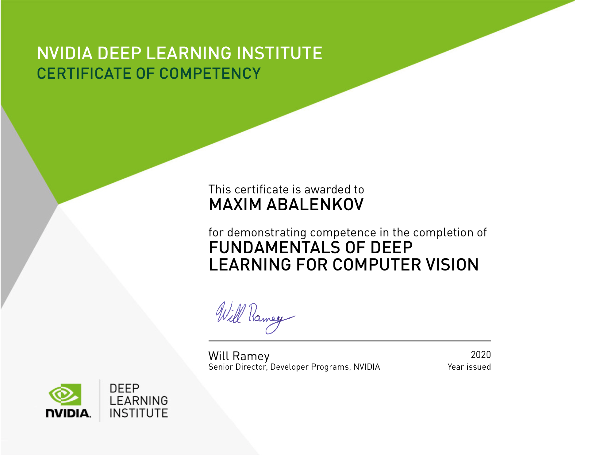 NVIDIA Deep Learning for Computer Vision, Certificate